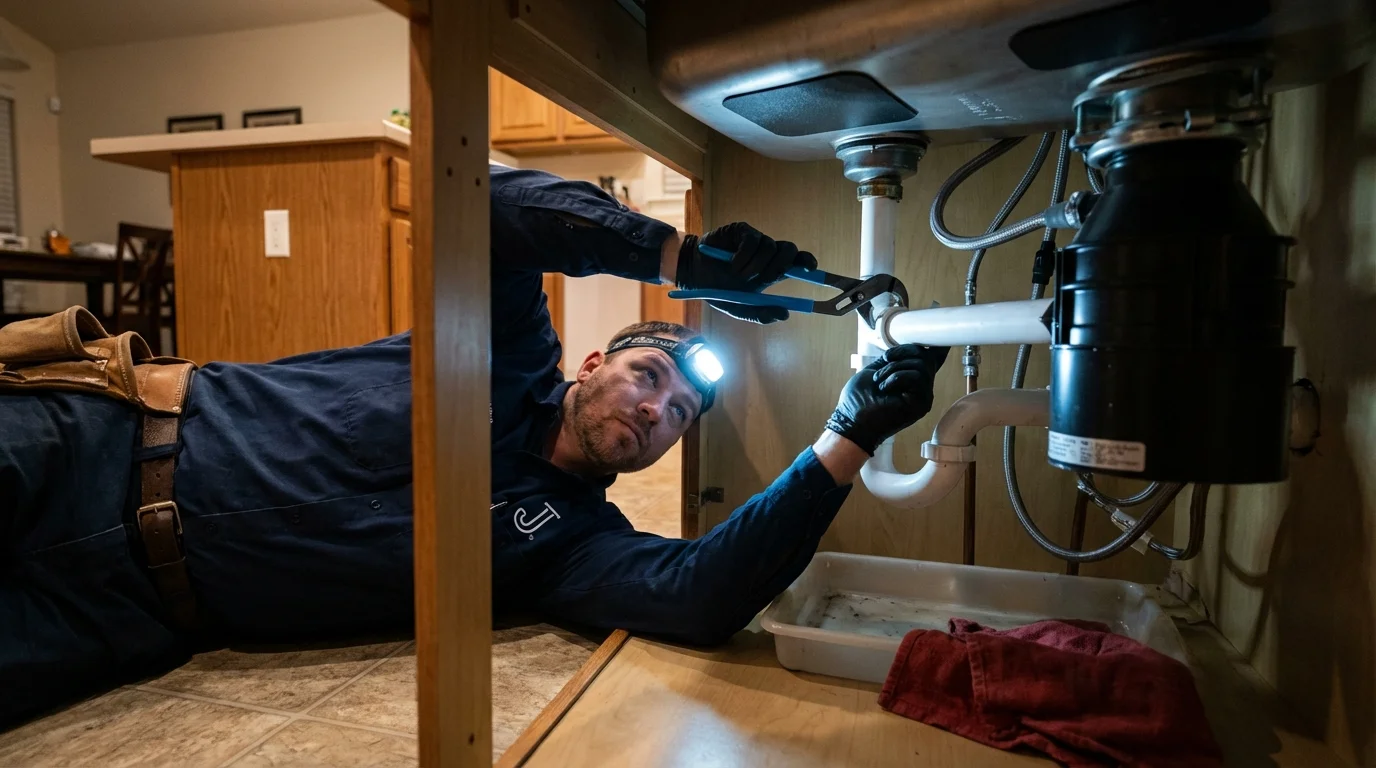P-trap and supply line connections under a kitchen sink showing a common leak point in Clover, SC